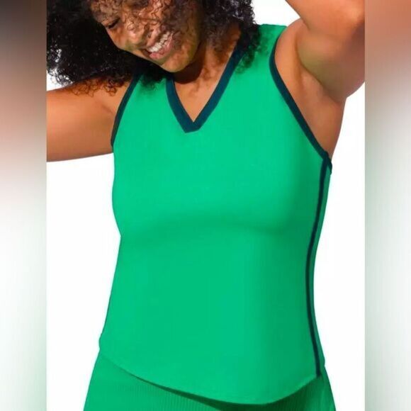 NWT EleVen Venus Williams Green Navy Trim V Neck Tank Top Cut Out Back - Size M - Picture 1 of 9
